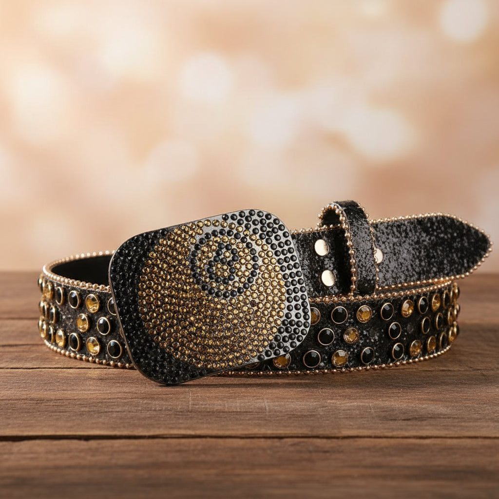 8 Ball Square Buckle Black Rhinestone Belt